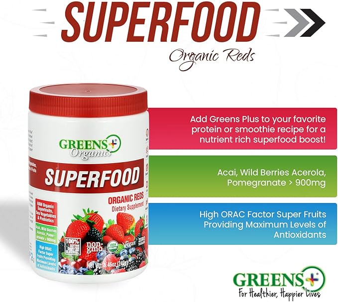 Greens+ Organic Reds Superfood Powder, Antioxidant, Polyphenol, Blend for Morning Kick, Energy, Vitality Boost, Nutrition, Vibrant Health, Vegan Soy/Dairy/Gluten Free(8.46oz)