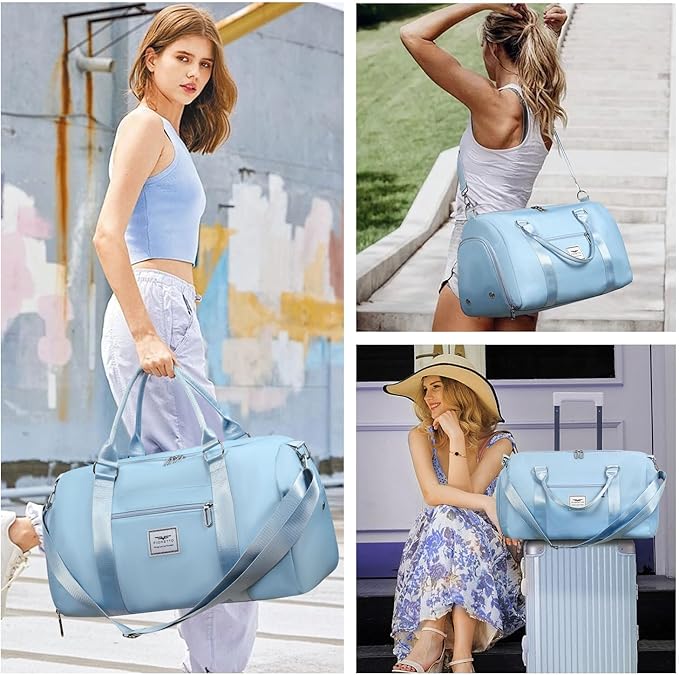 FIORETTO Womens Gym Tote Duffle Bag with Toiletry Bag, Sports Duffel Overnight Hospital Workout Carry on Bag for Girls with Wet Pocket & Shoe Compartment, Ideal for Travel, Swimming, Dance Light Blue
