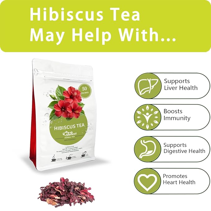 Samcci - Hibiscus Tea Bags, 50 Teabags - Premium dried hibiscus flower for tea - flor de jamaica natural - Non-GMO - Caffeine-free - Rich in Antioxidants & Support Digestion