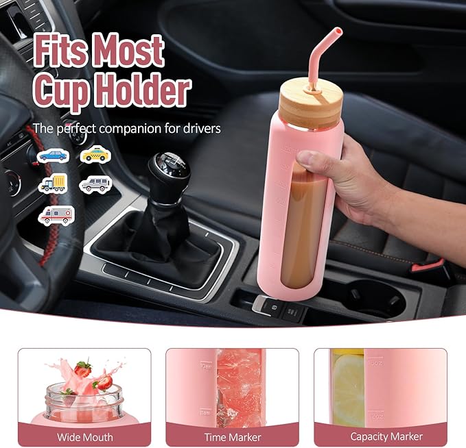 Kodrine Water Bottle with Straw, 24 oz Glass water Bottle with 2 Lids Bamboo Straw Lid and Spout Lid with Handle, 32 oz Clear Water Bottle Glass for Sports Travel, Waterbottle with Time Marker