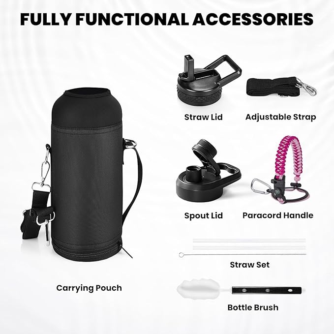 Insulated Water Bottle 40 oz, Triple Wall Vacuum Stainless Steel (Cold for 48 Hrs), Leak Proof & Non-BPA, Modern Water Flask Jug with Paracord Handle & Straw Spout Lids, Ombre Pink