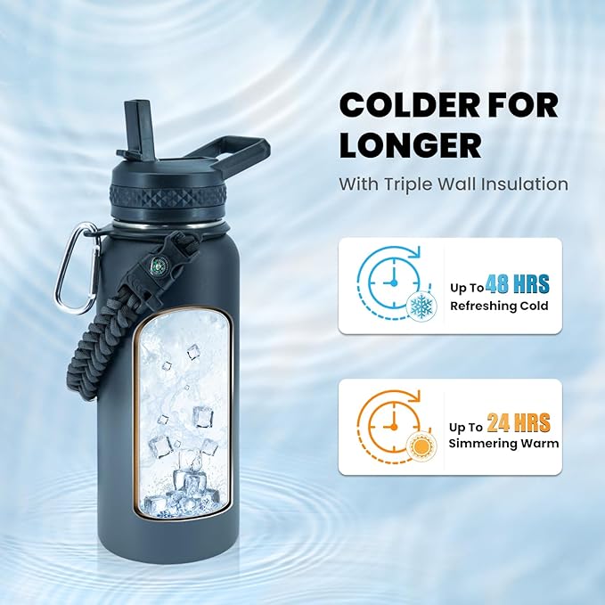 Insulated Water Bottle 32 oz, Triple Wall Vacuum Stainless Steel (Cold for 48 Hrs), Leak Proof & Non-BPA, Modern Water Flask Jug with Paracord Handle & Straw Spout Lids, Dark Grey
