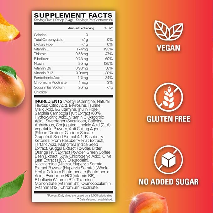 EHP Labs OxyShred Pre Workout Powder - Preworkout Powder with L Glutamine & Acetyl L Carnitine, Energy Boost Drink - Peach Mango, 60 Servings