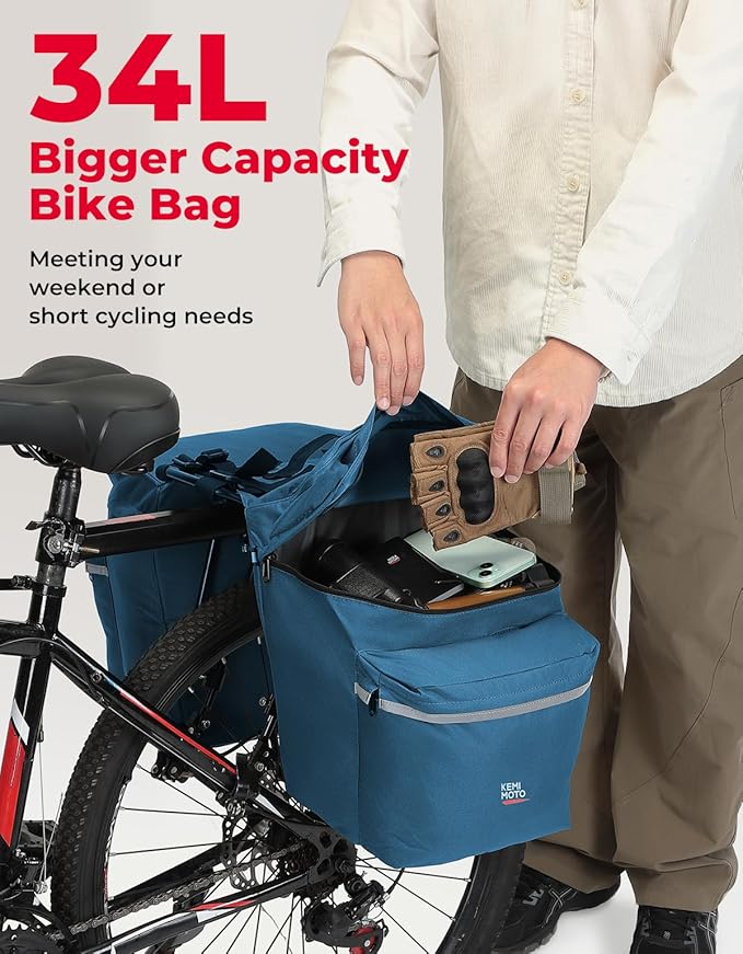 KEMIMOTO Bike Bag Panniers with Rain Cover, 34L Waterproof Bicycle Saddle Bag for Rear Rack Mountain Biking Bags Storage, Ebike Accessories for Commuter Grocery Shopping Travel Carrier, Blue
