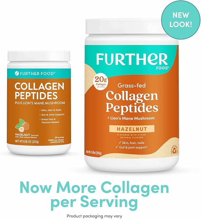 Further Food Hazelnut Collagen Peptides Powder with Lion’s Mane Mushroom, Grass-Fed Hydrolyzed Type 1 & 3 Protein, Gut Health + Joint, Hair, Skin, Nails, Paleo Keto Sugar-Free 9.88 oz