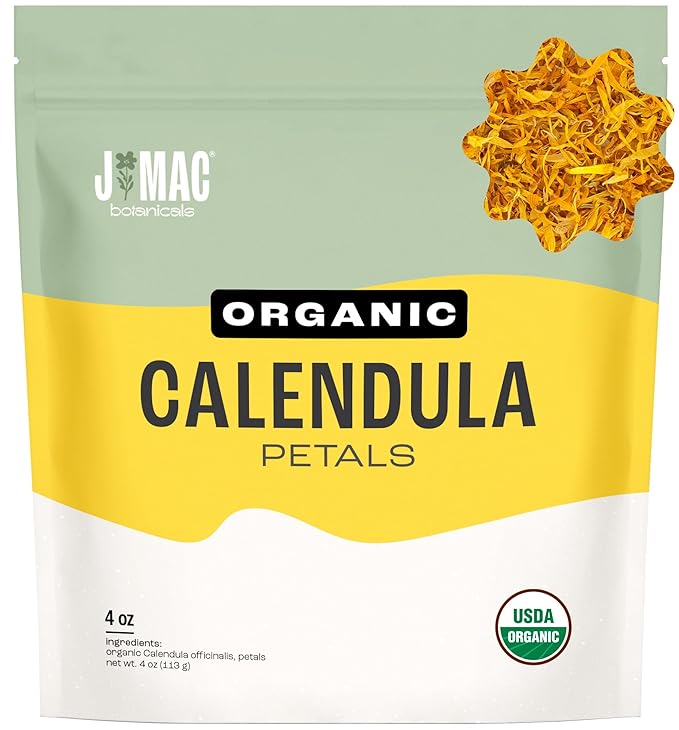J Mac Botanicals, Organic Calendula Petals (4 oz) edible dried flowers petals, pairs well with edible dried rose petal, edible flowers for ice cubes, edible flowers for food, beverages, bath bombs