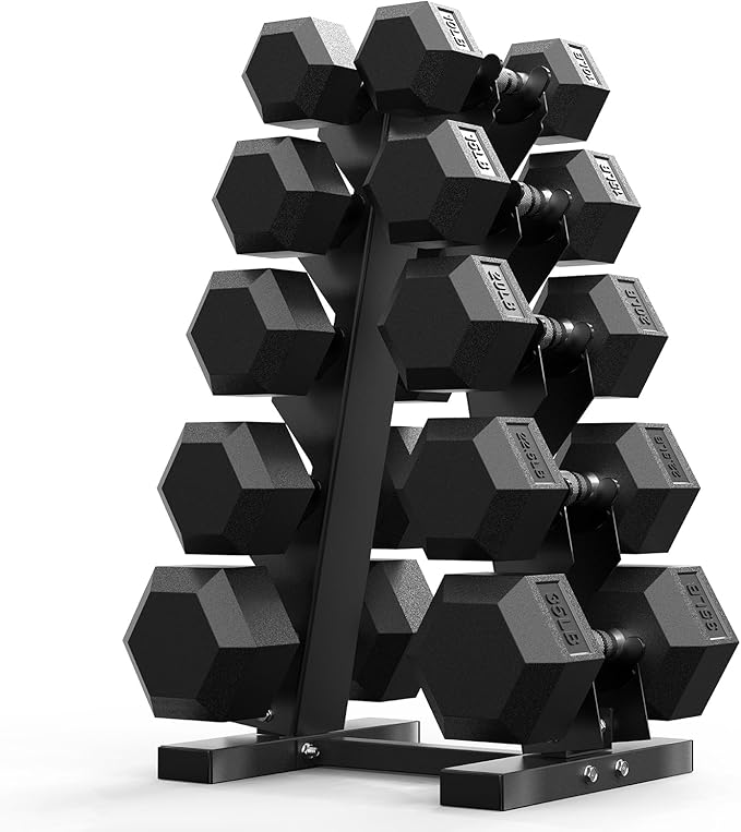 PAPABABE Hex Dumbbell Sets with Rack, 60-550lb Rubber Coated Dumbbell Weight Set and Storage Rack, Multiple Options Hand Weights for Strength Training