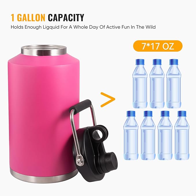 Kerilyn Insulated Gallon Jug with Handle, One Gallon, 128oz Stainless Steel, Large Double Vacuum Water Bottle for Hot & Cold Drinks, Wide Mouth, Sweat Proof, Great for Travel, Camping, Pink