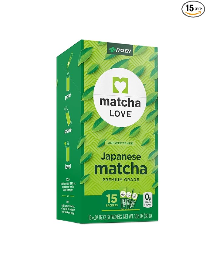Matcha Love Japanese Matcha Unsweetened Green Tea Powder, 15 Single Serve Packets, 1.05 Ounces
