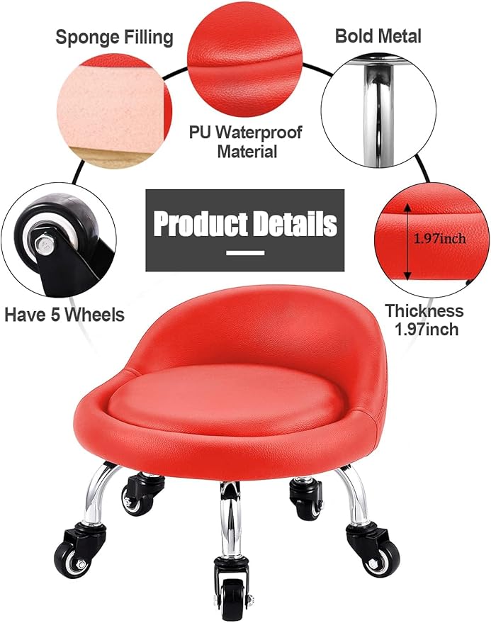 Lanstics Low Rolling Stool with Leather Roller Seat and Backrest - Universal Wheels for Home Office and Fitness (Red)