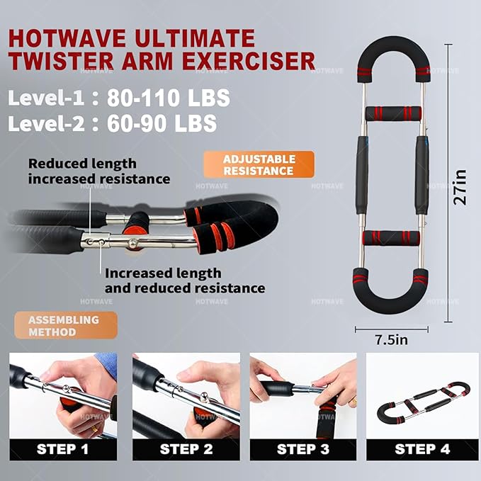 HOTWAVE Twister Arm Exerciser,Adjustable Spring Workout Bar, Forearm Triceps Chest Enhanced Exercise Strengthener,Portable Home Fitness Equipment