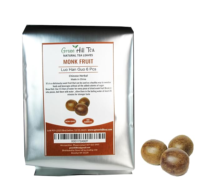 Green Hill Tea Premium Dried Luo Han Guo - Natural Monk Fruit Sweetener - 6 Pieces – Traditional Oriental Sugar Substitute for Drinks and Food 羅漢果 罗汉果