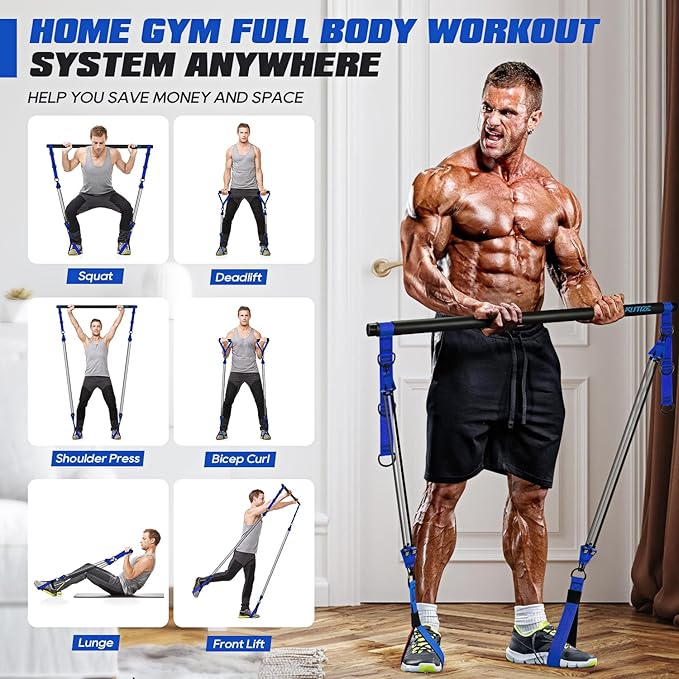 Pilates Bar Kit with Resistance Bands, Heavy Duty Pilates Equipment for Men, Strength Training Bar for Legs, Hip, Back, Arm, Abs, Chest, Shoulders, Portable Home Gym Full Body Workout Equipment