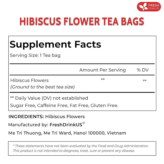 FRESHDRINKUS 115 Hibiscus Flowers Tea Bags, 100 Percent Natural, Pure from Hibiscus Flowers. Loose Flower Hibiscus Herbal Tea. Hibiscus Flower Tea. No Sugar, No Caffeine, No Gluten, Vegan.