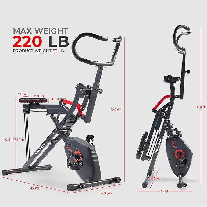 Sunny Health & Fitness Row-N-Ride PRO, Full Body Combo Squat Machine w/Optional Resistance Band, Easy Setup Ab Workout Exercise Equipment for Home, Whole Body Cardio, Optional SunnyFit App Connection