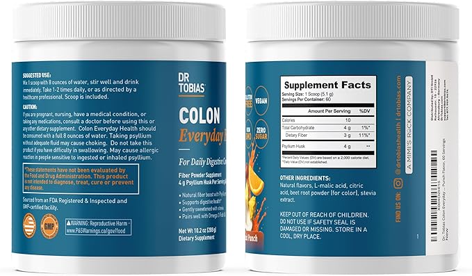 Dr. Tobias Colon Everyday Health - Gut Health for Women & Men - Psyllium Fiber Powder Drink with 4g Psyllium Husk Powder per Serving, Vegan, Gluten Free, Non-GMO, Fruit Punch, 60 Servings