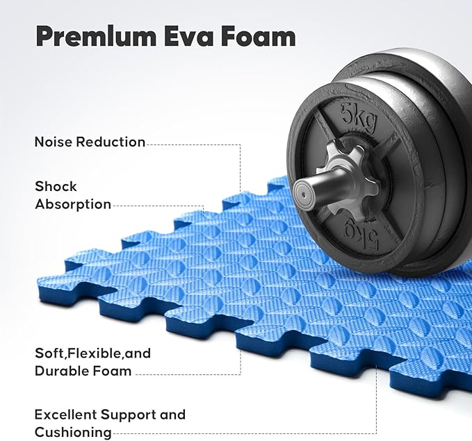 Home Gym Mat, Puzzle Exercise Mat,EVA Interlocking Foam Floor Tiles for Home Workout Equipment and Kids' Play Areas - Blue, 24 in x 24 in x ½ in - 32 Tiles (Blue, 32 Pack 128 sq ft)