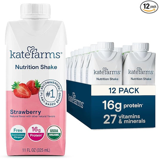 Kate Farms Organic Nutrition Shake, Strawberry, 16g Protein, 27 Vitamins and Minerals, Meal Replacement, 11 oz, 12 Pack