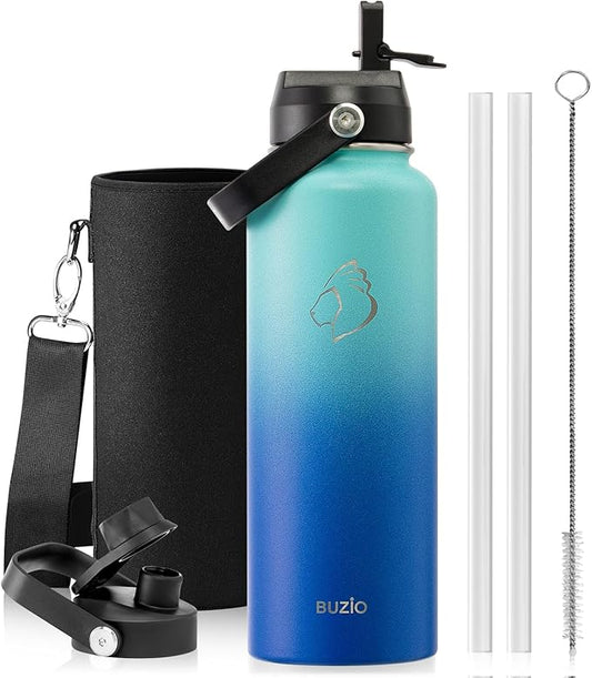 BUZIO Double Wall Stainless Steel Sports Wide Mouth Water Bottle, BPA-Free Flex Cap and Straw Lid, 40 Ounces & 32 Ounces Water Bottle, Sea Breeze