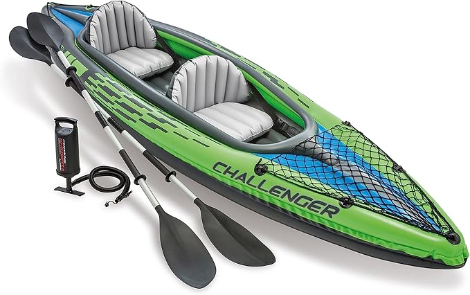 INTEX Challenger Inflatable Kayak Series: Includes Deluxe 86in Kayak Paddles and High-Output Pump – SuperStrong PVC – Adjustable Seat with Backrest – Removable Skeg – Cargo Storage Net
