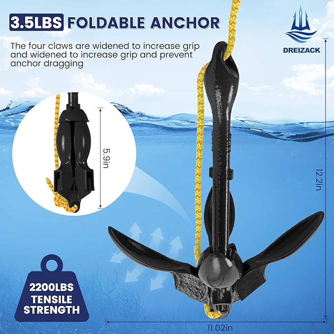 Dreizack Kayak Anchor Kit, 3.5 lb Folding Grapnel Boat Anchor Trolley Accessories with 40ft Rope and PVC Buoy for Fishing Kayaks SUP Paddle Boards Canoes Jet Ski PWC Inflatable Small Boats