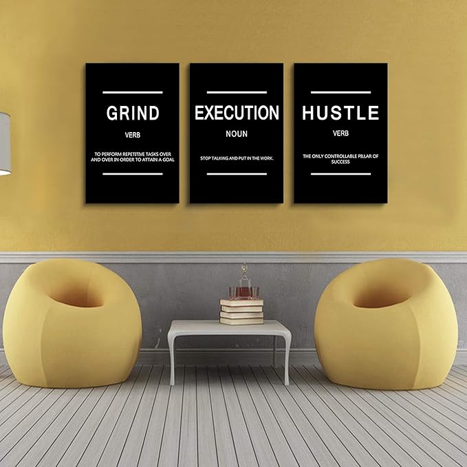 Framed Canvas Wall Art Success Quote, Office Wall Art, Black Large Poster, Positive Motivational Set of 3 Prints, Execute Failure Definition, Inspirational Print (B-3pcs,16x24inchx3pcs)