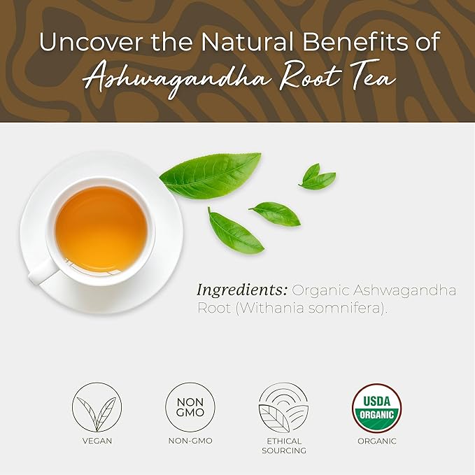 Starwest Botanicals Organic Ashwagandha Tea - Caffeine Free Herbal Tea, String Free Sachets, USDA Organic Ashwagandha Root, Non GMO - 20 Tea Bags