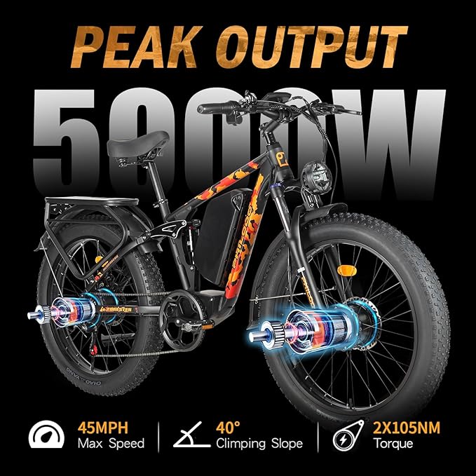 Electric Bike for Adults, 5000W Peak Dual Motor Ebike, 60V 26AH Long Range Dirtbike, 26" Fat Tires for All Terrain Electric-Bicycle, 45MPH-Hunting-Ebike for Off-Road Snow Sand
