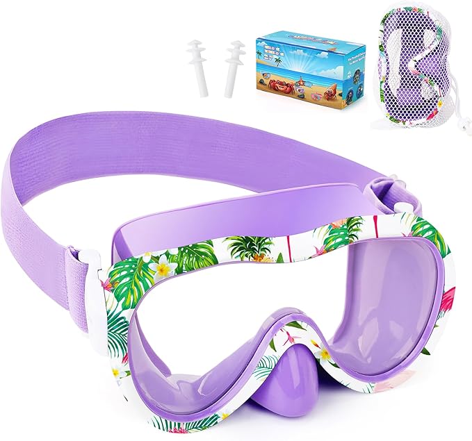 Kids Swim Goggles with Nose Cover, 180° Panoramic Snorkel Mask with Anti-Fog & Anti-Leak Design, Comfort Fabric Strap UV Protection Lens for Boys Girls Ages 3-15