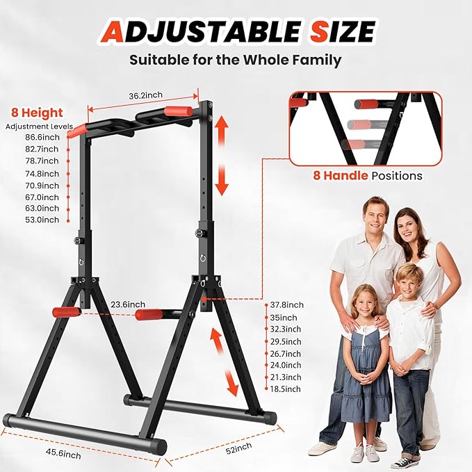 DOBESTS Foldable Power Tower Pull Up Bar Dip Station Adjustable Multifunction Workout Pull Up Tower Station Gym Strength Training Equipment for Home Outdoor, Triangular Legs, Support 700lbs