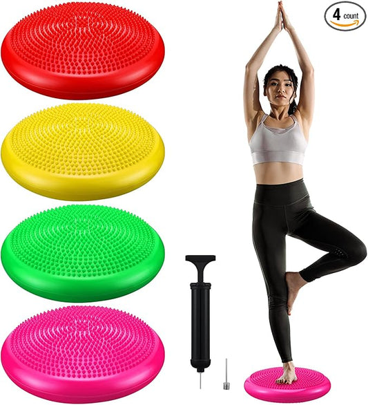 Sotiff 4 Pcs Inflated Wobble Cushion Flexible Wiggle Seat 14” L x 3.2” H Stability Balance Disc with Pump for Sensory Kids Adult Physical Exercise Equipment