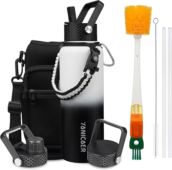 Insulated Water Bottle 64oz,Triple Wall Vacuum Stainless Steel(Dishwasher Safe),Leak Proof & Non-BPA,Flask Jug with Paracord Handle & Straw Spout Lids Sports