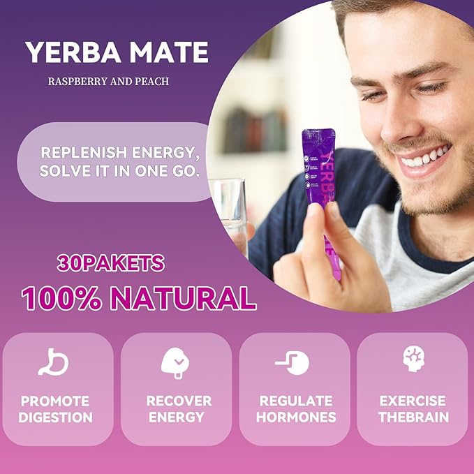 Yerba Mate Instant Tea Powder - Raspberry Peach Flavor - Gut Health & Clean Energy Super Drink with Nootropics, Prebiotics & Probiotics - Energy Boost & Focus - 30 Sticks (300g)