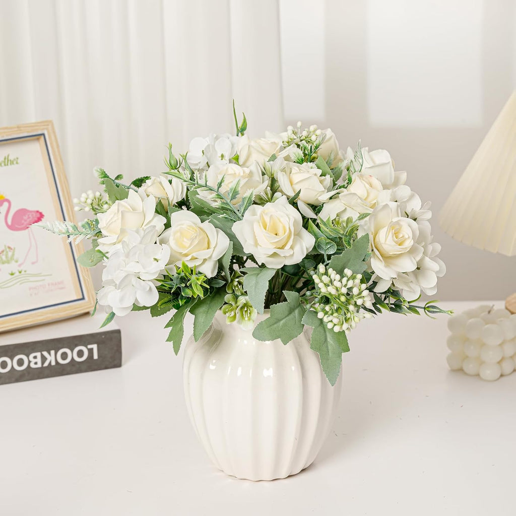 Artificial Flower 5 Branches Artificial Silk Fake Flowers Bouquet Small Roses for Wedding Home Office Tables Decor 4 Packs(Champagne)