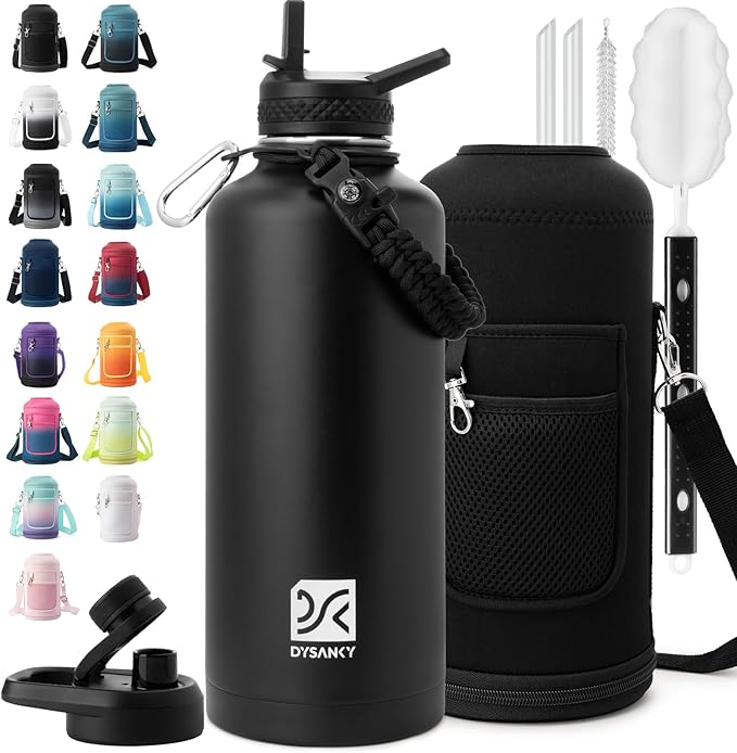 Insulated Water Bottle | Thickened Stainless Steel for Gym and Hiking with Straw, Carrier Bag, Handle Strap | BPA-Free 87 oz