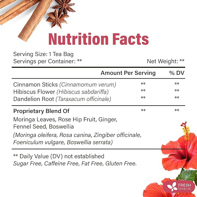 FreshDrinkUS, Premium Collagen Herbal Tea – 30 Tea Bags | Cinnamon Stick, Hibiscus, Dandelion Root, Moringa Leaves, Rose Hip, Ginger, Fennel Seed, Boswellia | Caffeine-Free, Natural Flavorful Blend