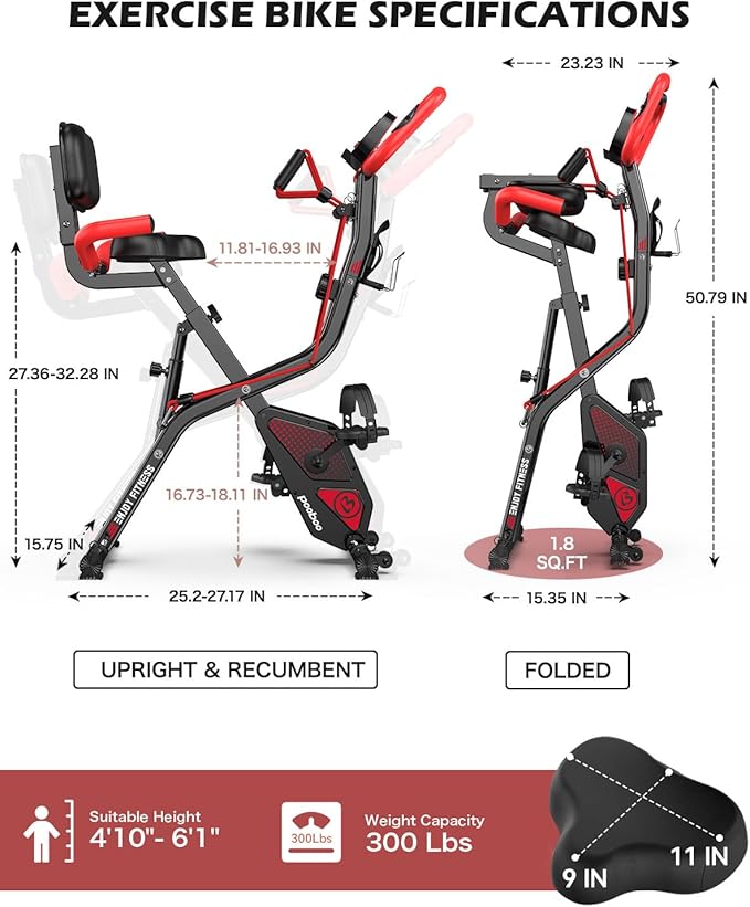 pooboo Folding Exercise Bike, Foldable Upright Stationary Bike, Indoor Cycling Magnetic X-Bike with 8-Level Adjustable Resistance, 6.6 LBS Flywheel, 300LB Capacity, Bottle Holder & Back Support Cushion for Home Gym