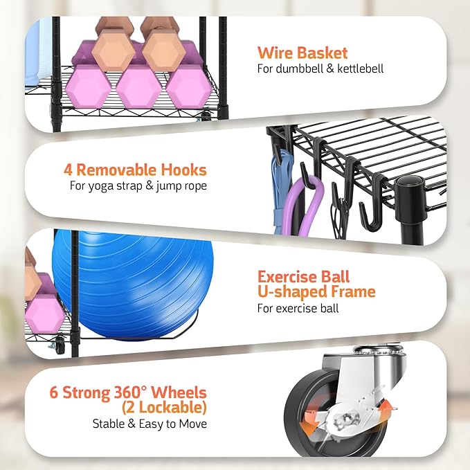 Dumbbell Rack, 3 Tier Adjustable Workout Equipment Storage with Locking Wheels & 4 Hooks, Home Gym Storage for Yoga Mat, Foam Roller, Dumbbell, Kettlebell, Fitness Ball and Resistance Band