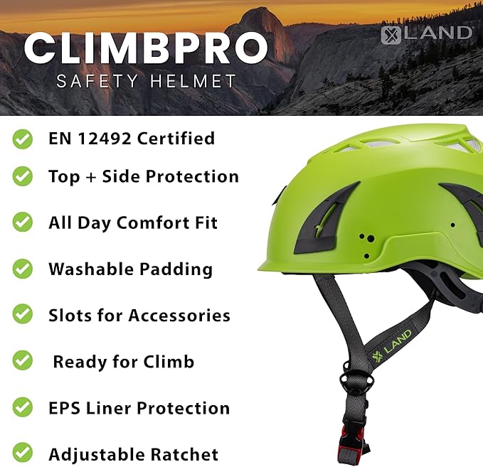 Land Helmets ClimbPro Safety Helmet for Rock Climbing – Lightweight & Durable Hard Shell with Adjustable Chin Strap and Accessory Slots – Ideal for Indoor & Outdoor Adventure