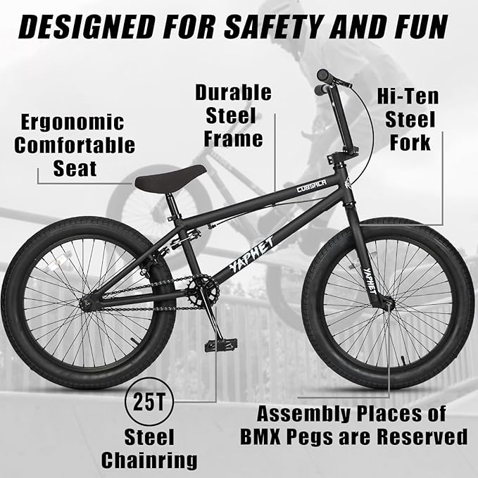 Freestyle BMX Bike, 20 Inch Yaphet Bicycle for Teen Beginner and Adult Riders, Bike with Hi-Ten Steel Frame, Multiple Colors