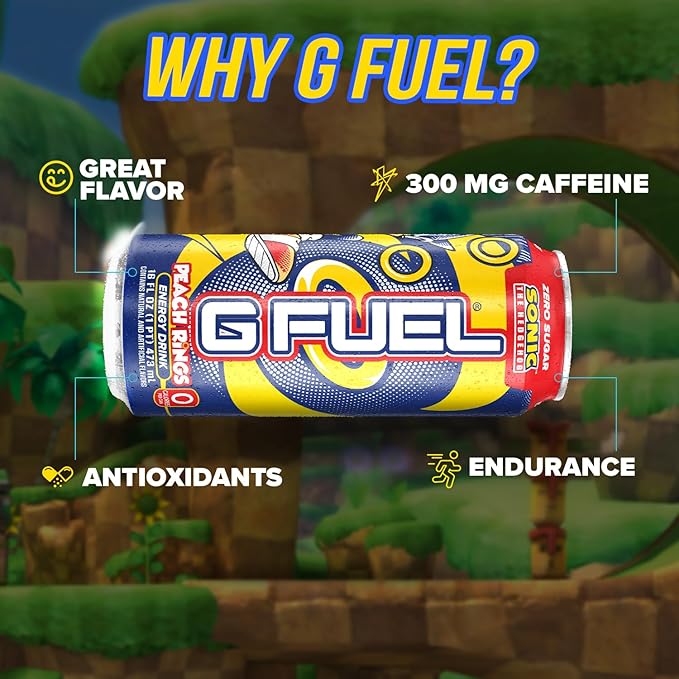 G Fuel Energy Drink, Peach Ring Candy, Sugar Free Beverage with 300mg Caffeine, Daily Energy Boost with Focus Amino, Vitamin + Antioxidants, 16 oz Cans (Sonic, 12-Pack)