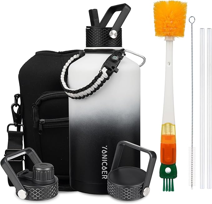 Insulated Water Bottle 64oz,Triple Wall Vacuum Stainless Steel(Dishwasher Safe),Leak Proof & Non-BPA,Flask Jug with Paracord Handle & Straw Spout Lids Sports
