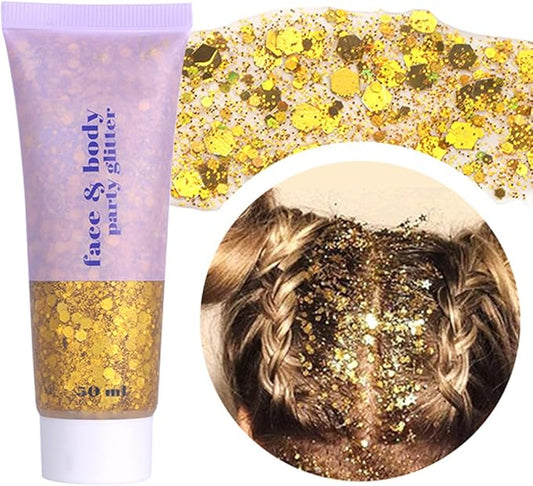 Gold Face Glitter Gel,Music Festival Yellow Body Glitter Singer Concerts Hair Glitter Sequins,Mardi Gras Outfits for Women,Sparkling Carnival Rave Accessories Decorations,50ML