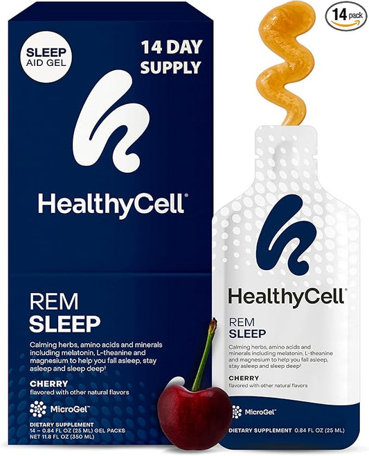 Healthycell REM Sleep - Liquid Gel Extra Strength Sleep Supplement for Adults - Melatonin, Magnesium, GABA, L-theanine Supplement - Maximum Absorption - 14 Gel Packs