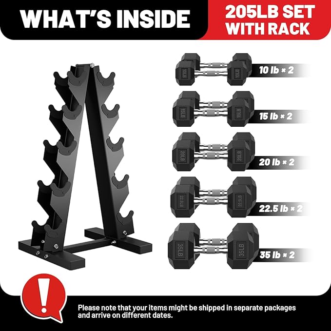 PAPABABE Hex Dumbbell Sets with Rack, 60-550lb Rubber Coated Dumbbell Weight Set and Storage Rack, Multiple Options Hand Weights for Strength Training