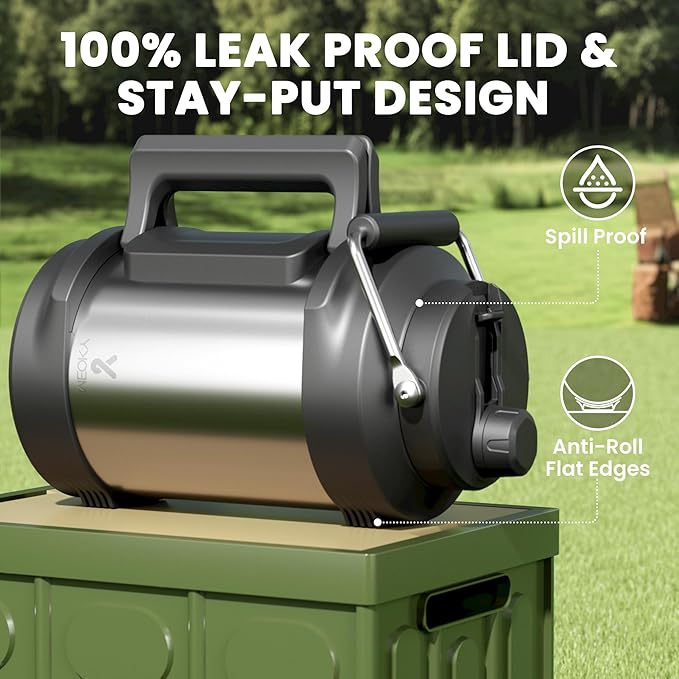 Meoky 1 Gallon Insulated Water Bottle for Travel 128 oz Triple Wall Vacuum Stainless Steel Water Jug - Top and Side Handles, Cold for 48 Hrs, 2-in-1 Straw and Spout Lid, Leak Proof for Work (Silver)