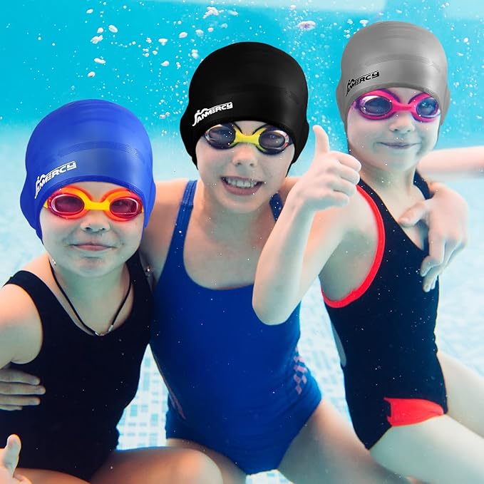 Janmercy 3 Pcs Swim Caps for Boys Girls Silicone Swimming Hat with 3D Ear Pockets for Age 6-15 Bath Hats Short/Long Hair with Ear Plug Nose Clip Supplies