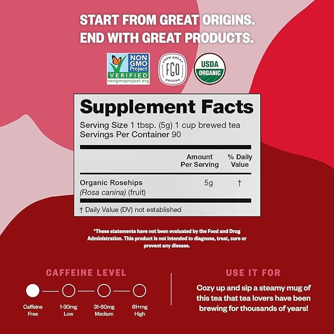 FGO Organic Rosehips Tea, Cut and Sifted, 16 Ounce Resealable Bag, Packaging May Vary (Pack of 1)