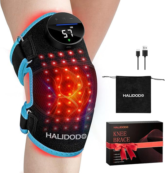 HALIDODO Red Light Therapy & Vibration Massage Knee Brace - Wireless Rechargeable Controller, 660nm&850nm Red Light Therapy Heated Device for Knee/Joint/Elbow/Shoulder Pain Relief, Blue.