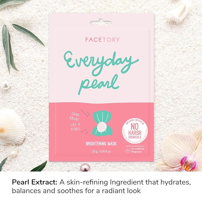 FACETORY K Beauty Face Mask Skin Care - Everyday PEARL Brightening Sheet Mask | Plant-Based with Pearl Essence (10 Pack)